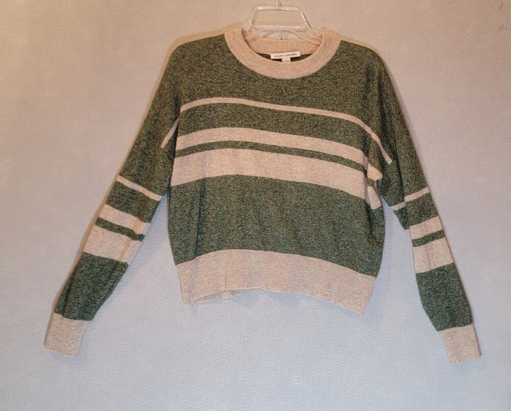 Autumn Cashmere Silk Blend Green Beige Striped Knit Crewneck Sweater XS